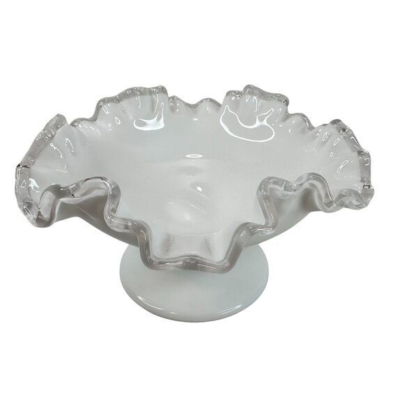 VTG FENTON Silver Crest Milk Glass Pedestal Bowl Candy Dish Clear Ruffle Edge 7" - Picture 1 of 10